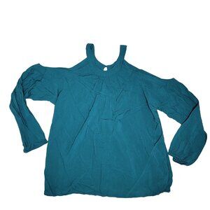 Express Teal Long-Sleeve cold shouldee satin Blouse size small royal jade blue